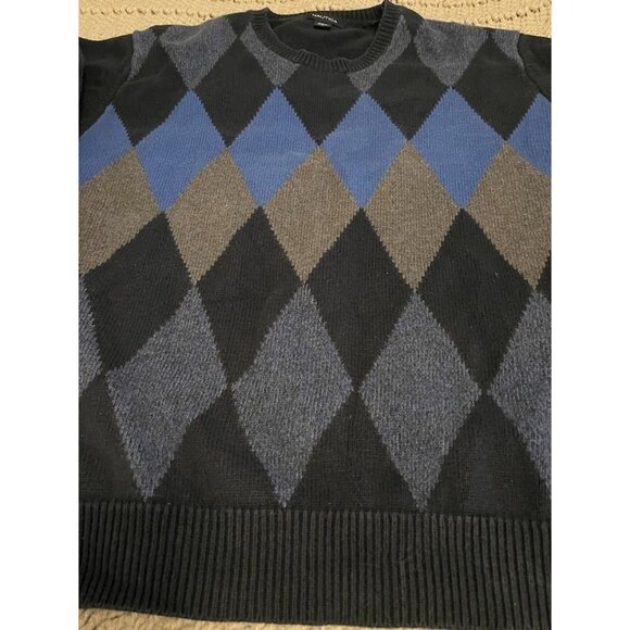 Nautica Mens Argyle Sweater L Black Blue Gray 100% Cotton Classic Knit Long Slee - Picture 4 of 14